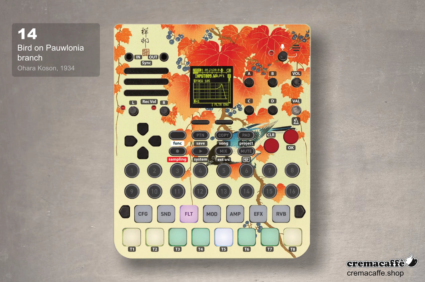 Bird on Pauwlonia branch design - Sonicware LOFI-12 XT  - Cremacaffe Design